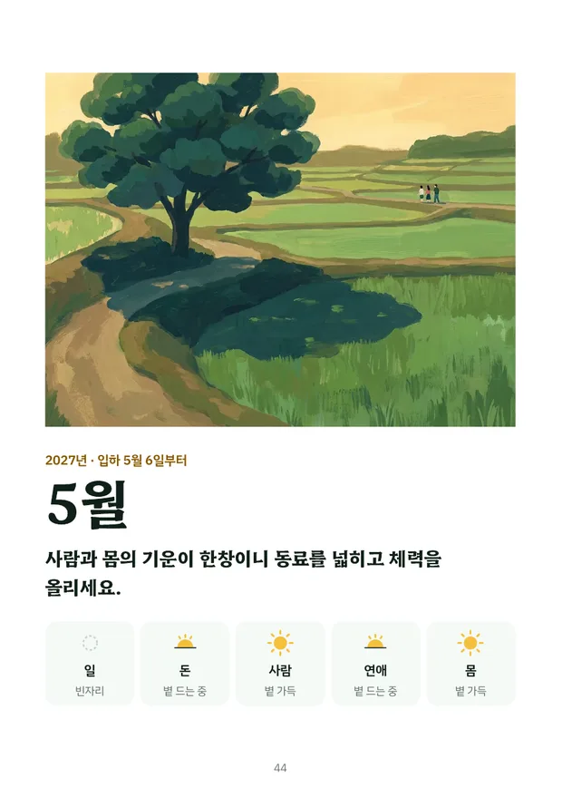 견본 책의 5월 장 첫 쪽 — 계절 그림과 분야 다섯